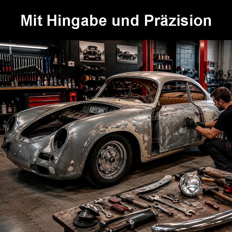 Klassischer Oldtimer in einer Werkstatt