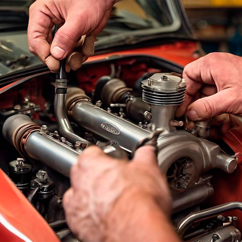 Detailarbeit am Motor eines Oldtimers